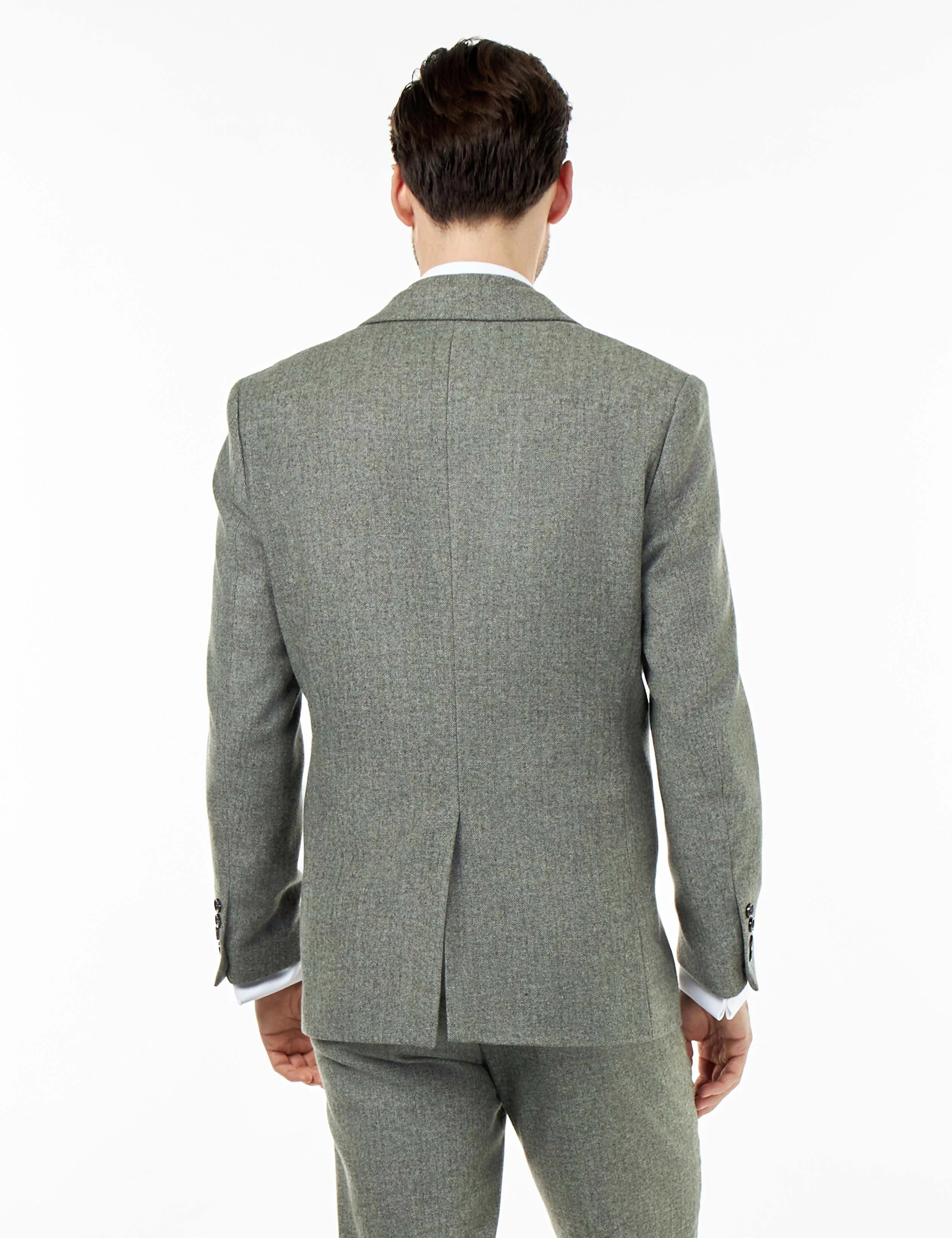 BRUCE – TAILORED WOOL RICH SAGE GREEN HERRINGBONE SUIT -2 PIECE