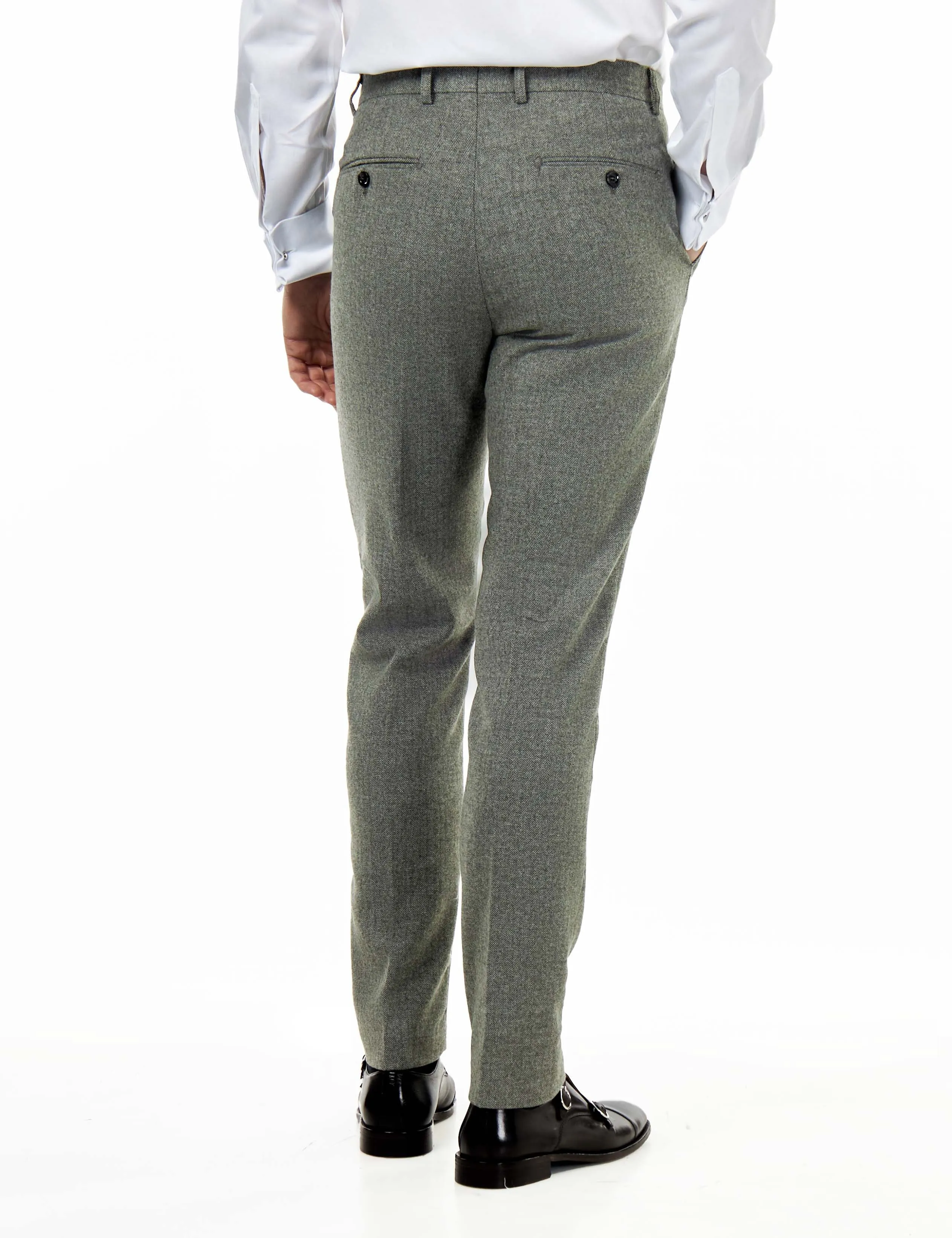 BRUCE – TAILORED WOOL RICH SAGE GREEN HERRINGBONE SUIT -2 PIECE