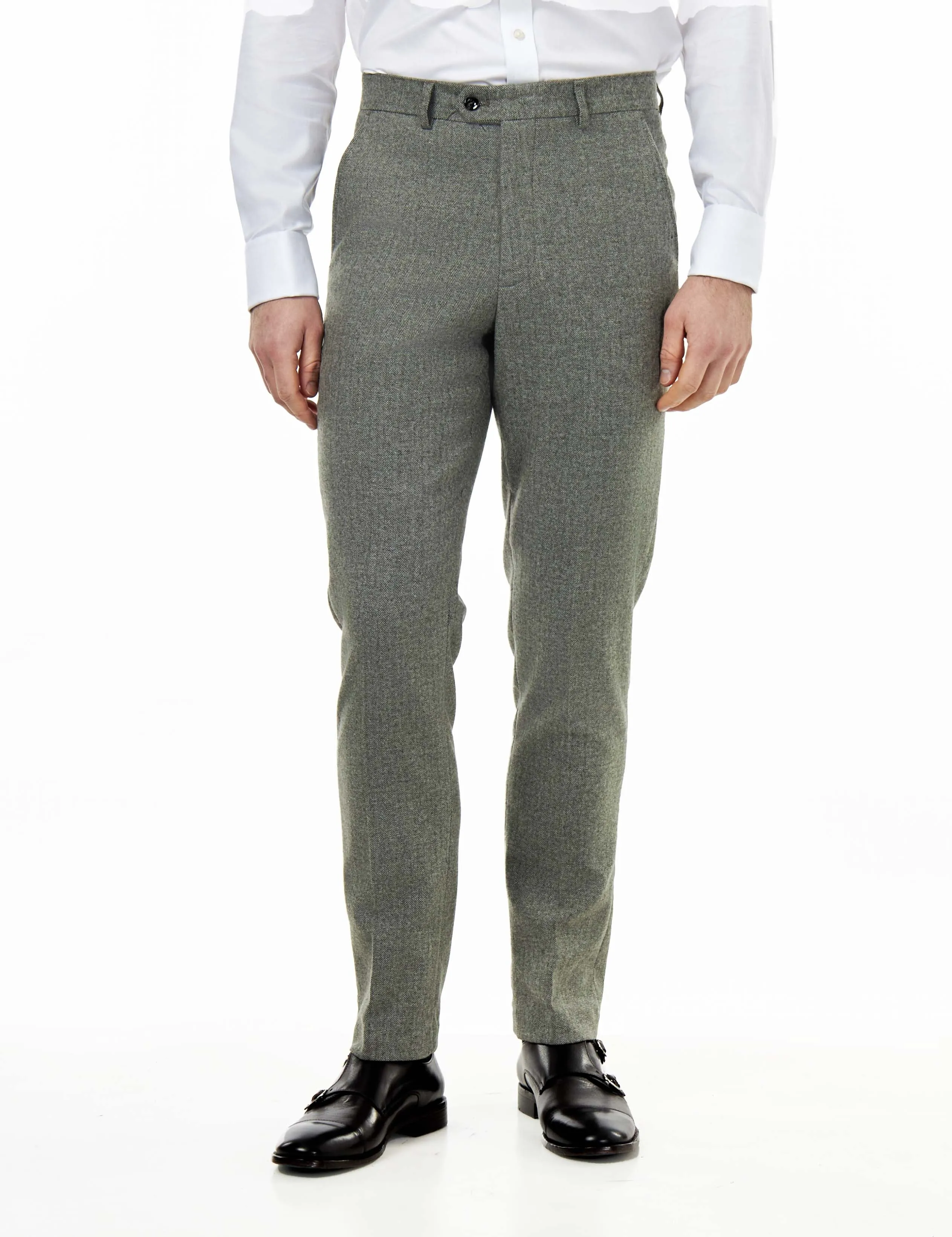 BRUCE – TAILORED WOOL RICH SAGE GREEN HERRINGBONE SUIT -2 PIECE