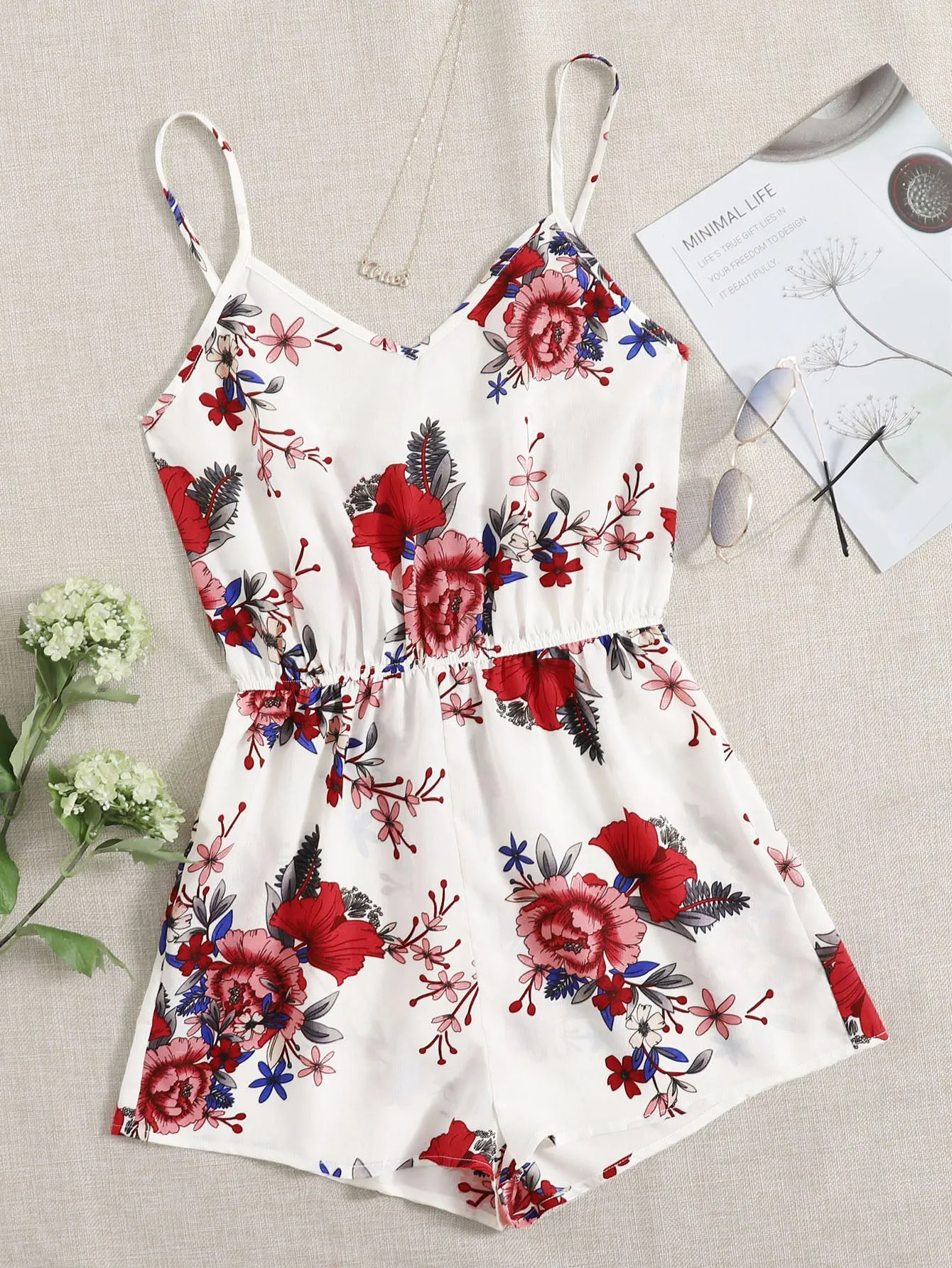 Casual Floral Sleeveless Spaghetti Strap High Waist Short Women Jumpsuit