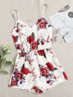 Casual Floral Sleeveless Spaghetti Strap High Waist Short Women Jumpsuit