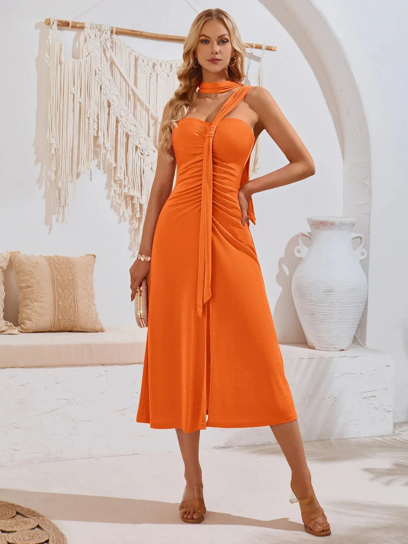 Chic Slim Solid High Waist Sexy Off Shoulder Pleated Split Midi Dress