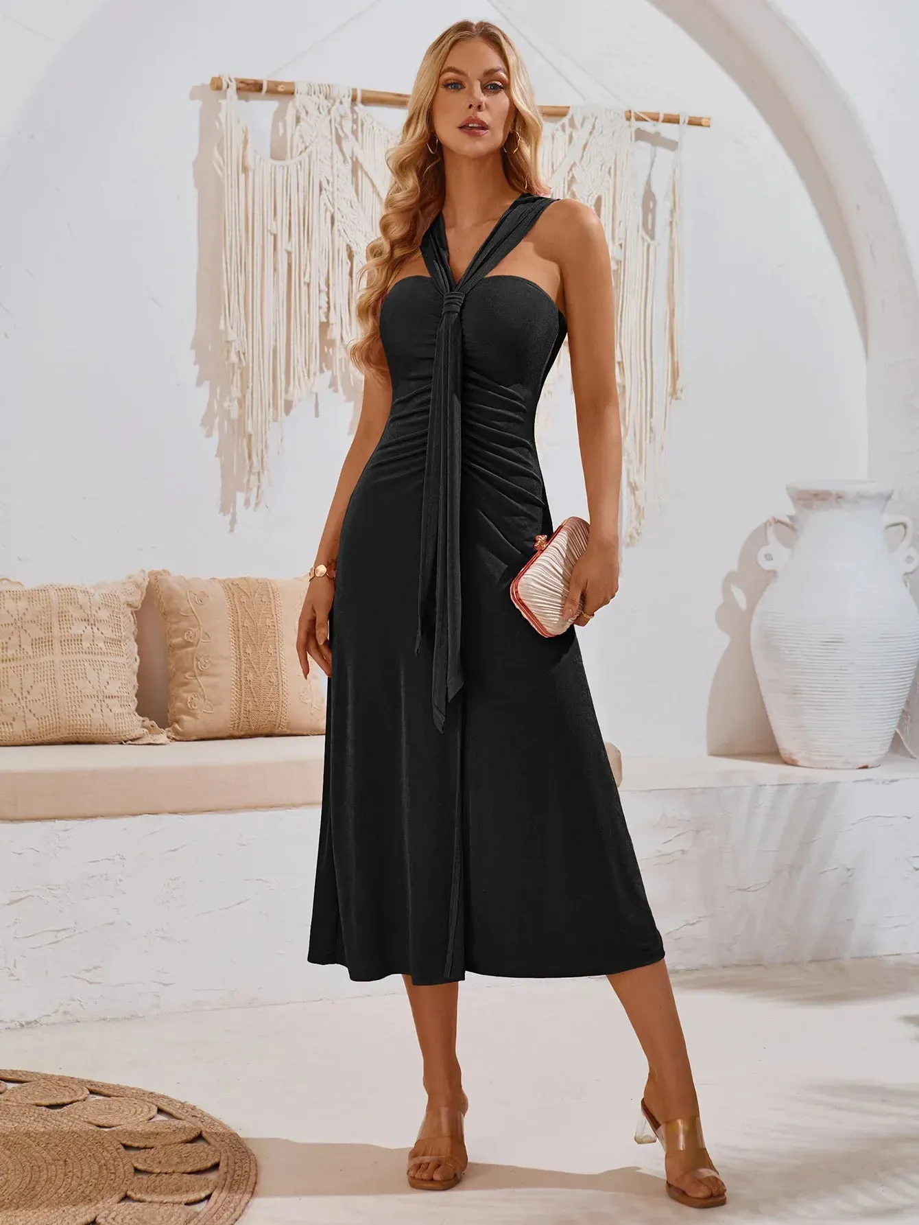 Chic Slim Solid High Waist Sexy Off Shoulder Pleated Split Midi Dress