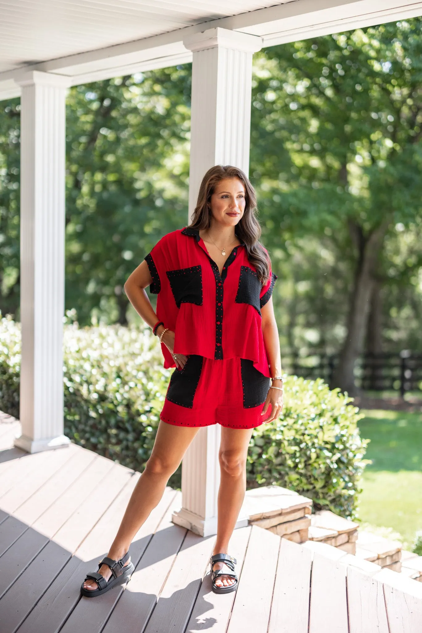Colorblock Glam Red Rhinestone Shorts