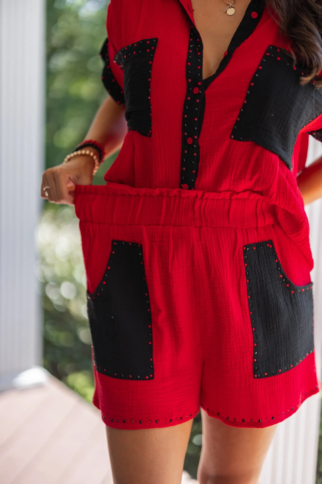 Colorblock Glam Red Rhinestone Shorts