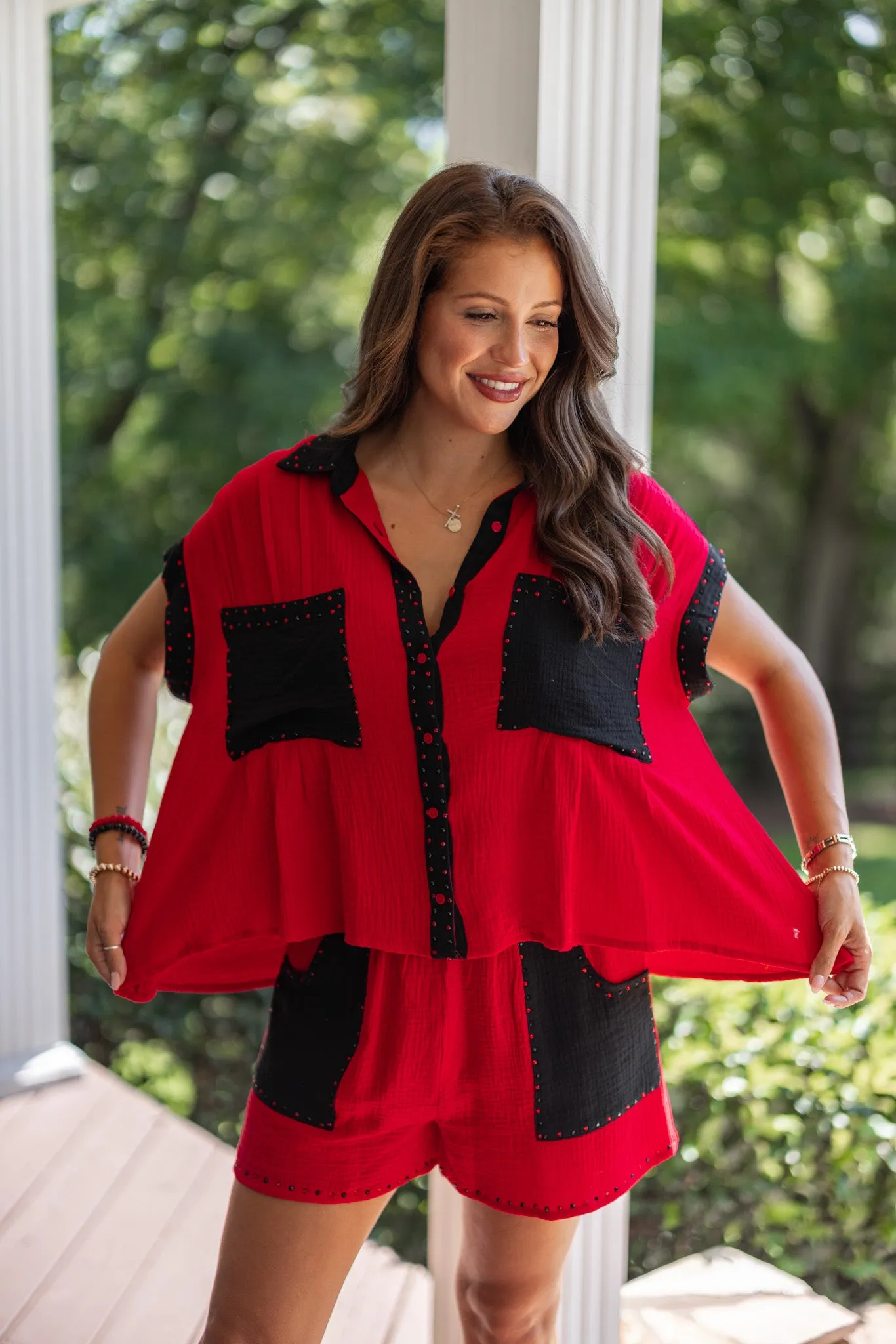 Colorblock Glam Red Rhinestone Top