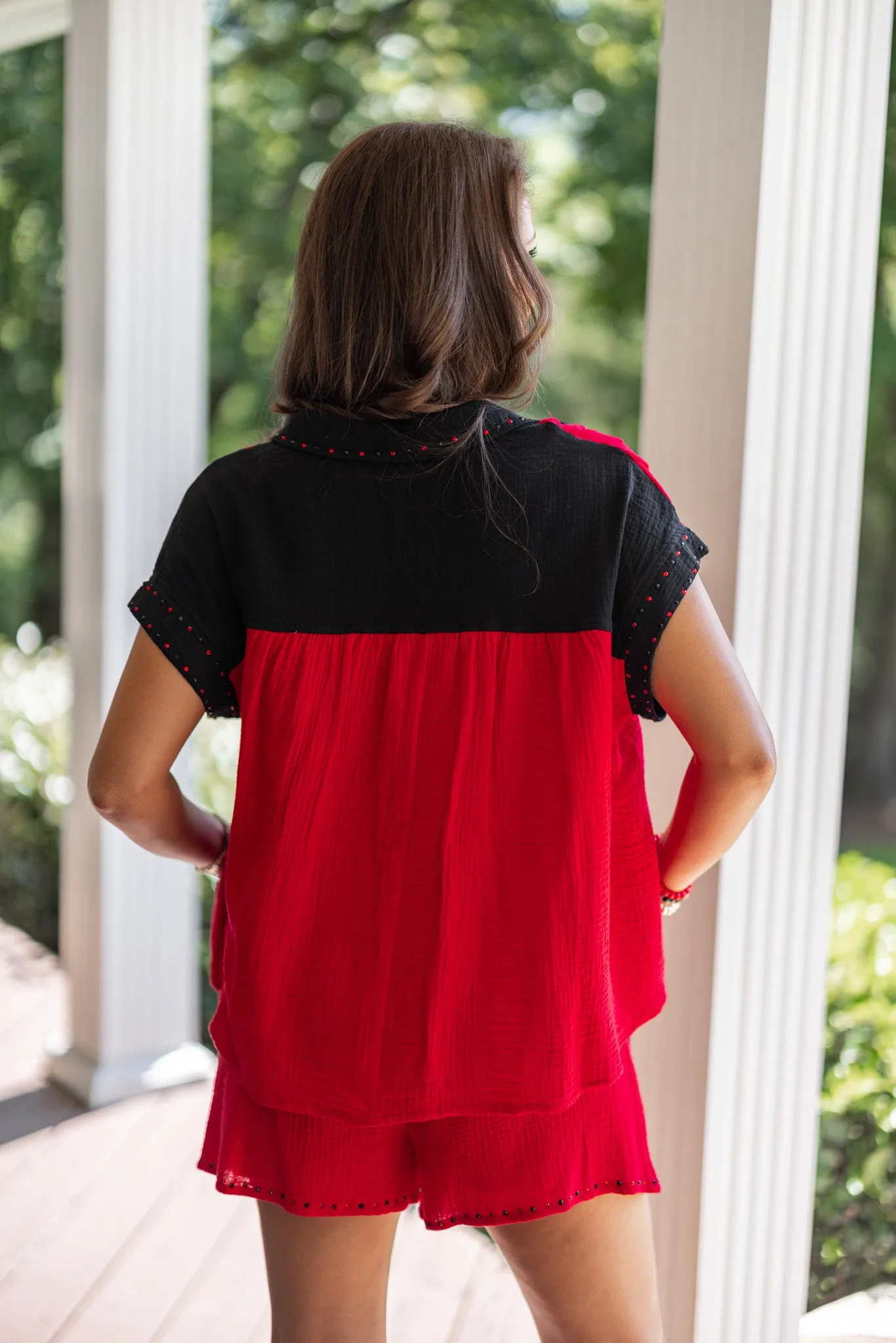 Colorblock Glam Red Rhinestone Top