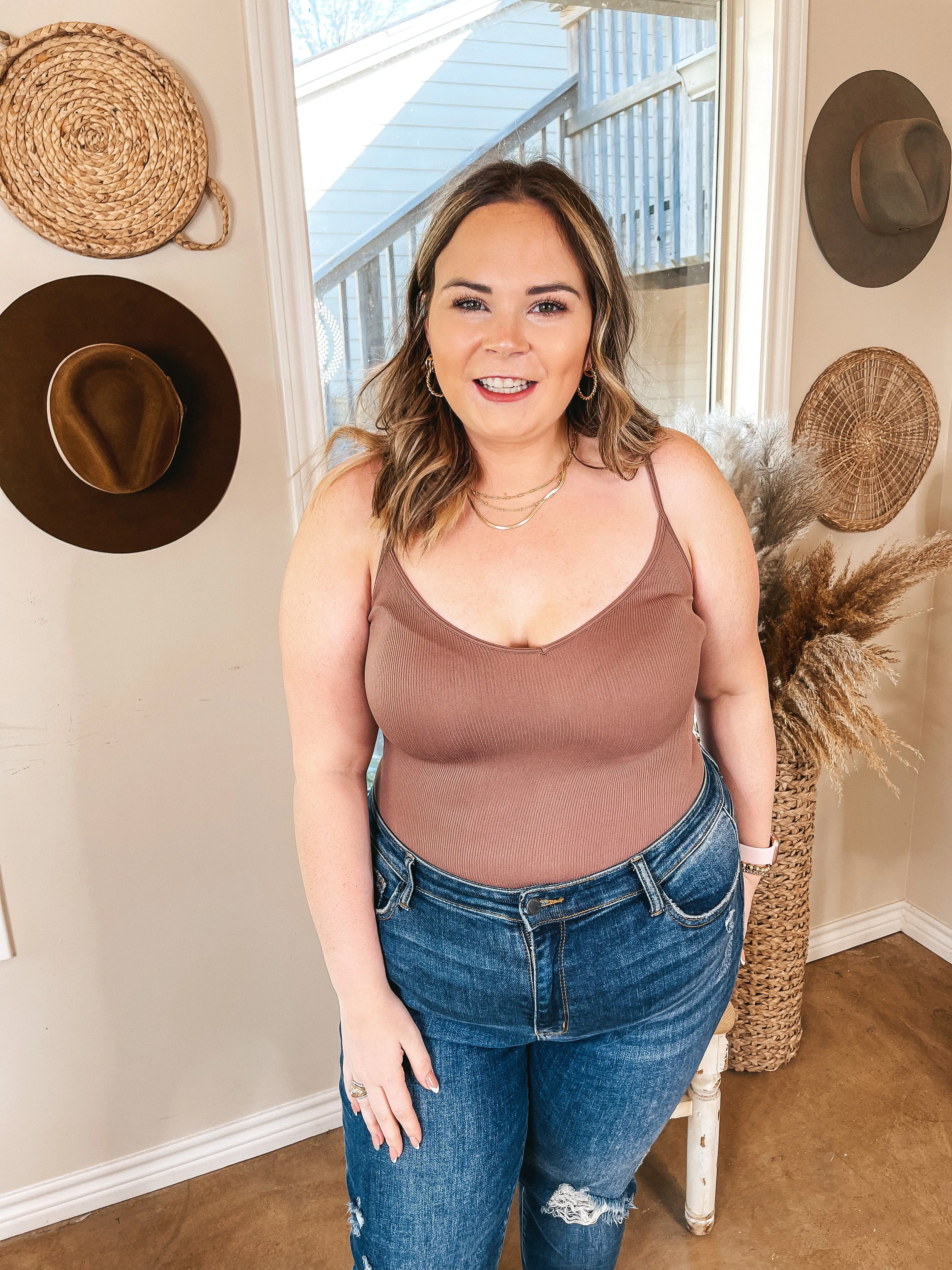 Confidence On Speed V Neck Ribbed Spaghetti Strap Bodysuit in Mocha Brown