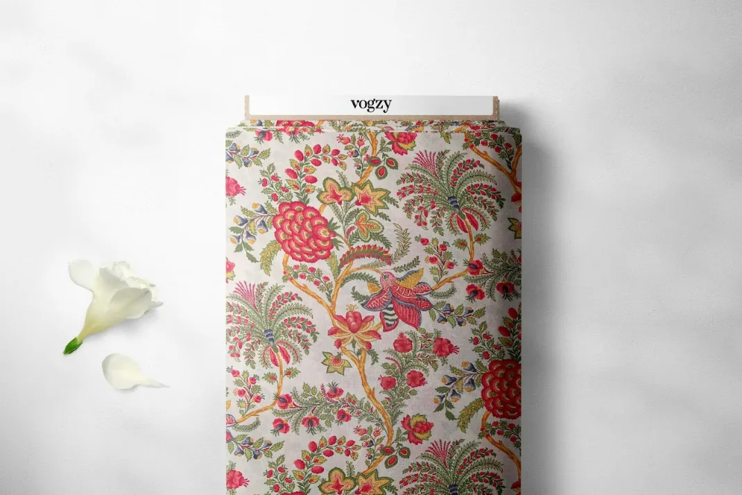 Contemporary Multicolor Chintz Core Pattern Printed Natural Muslin Silk Fabric