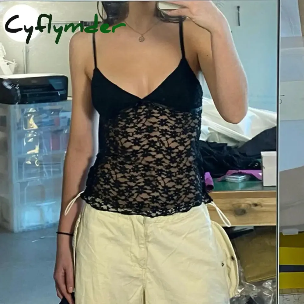 Cyflymder Fairy Coquette Floral Lace Camis 90s Vintage V Neck Mesh Sheer Crop Tops Y2K Aesthetic 00s Retro Tank Vest Women Chic Clothes