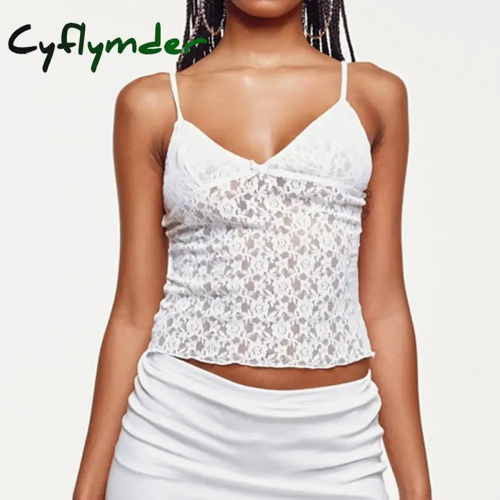 Cyflymder Fairy Coquette Floral Lace Camis 90s Vintage V Neck Mesh Sheer Crop Tops Y2K Aesthetic 00s Retro Tank Vest Women Chic Clothes