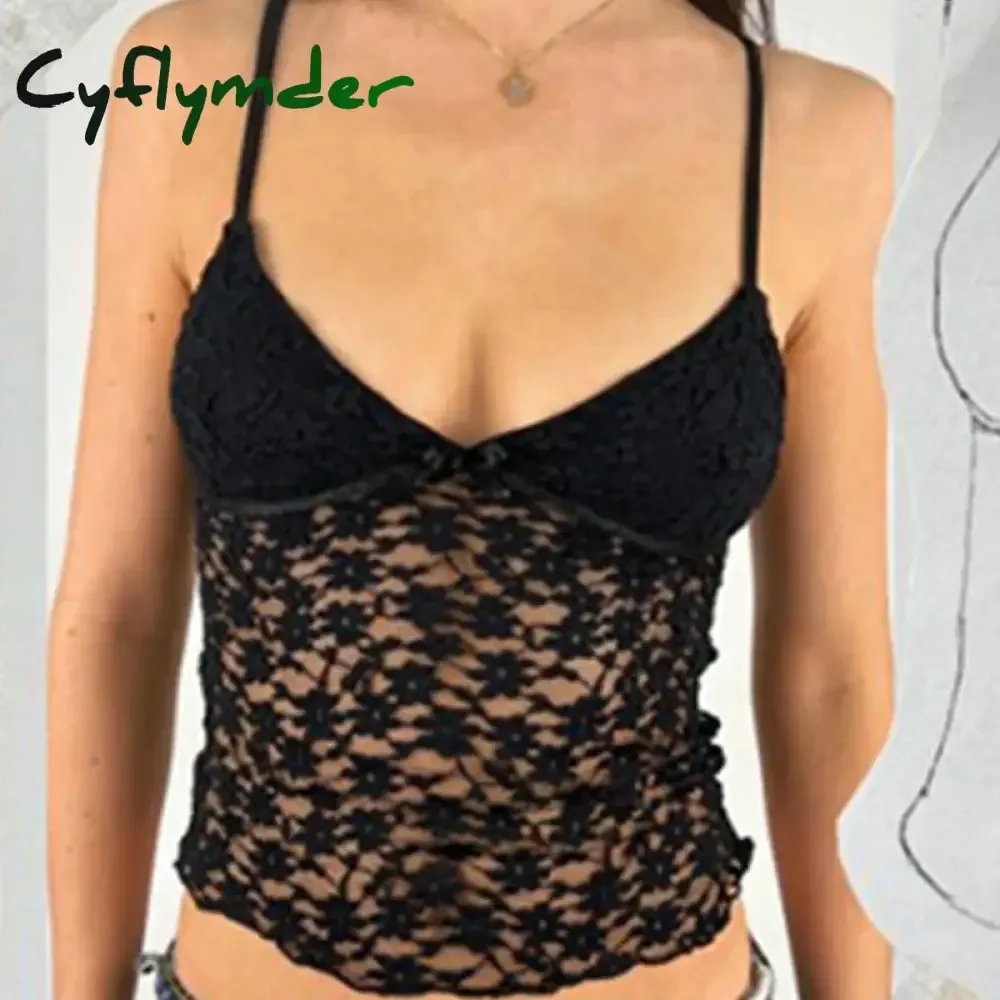 Cyflymder Fairy Coquette Floral Lace Camis 90s Vintage V Neck Mesh Sheer Crop Tops Y2K Aesthetic 00s Retro Tank Vest Women Chic Clothes