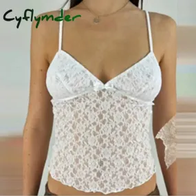 Cyflymder Fairy Coquette Floral Lace Camis 90s Vintage V Neck Mesh Sheer Crop Tops Y2K Aesthetic 00s Retro Tank Vest Women Chic Clothes