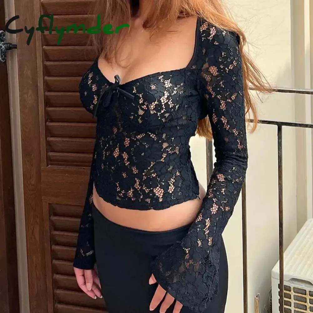 Cyflymder Floral Lace Sheer Crop Tops French Square Collar Long Sleeve Tees Chic Women Vintage Tie Up T-shirt Fairy Y2K Aesthetic Tops