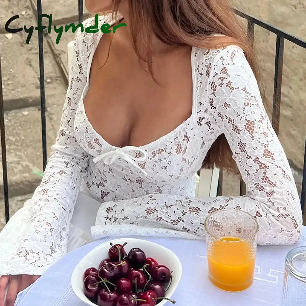 Cyflymder Floral Lace Sheer Crop Tops French Square Collar Long Sleeve Tees Chic Women Vintage Tie Up T-shirt Fairy Y2K Aesthetic Tops