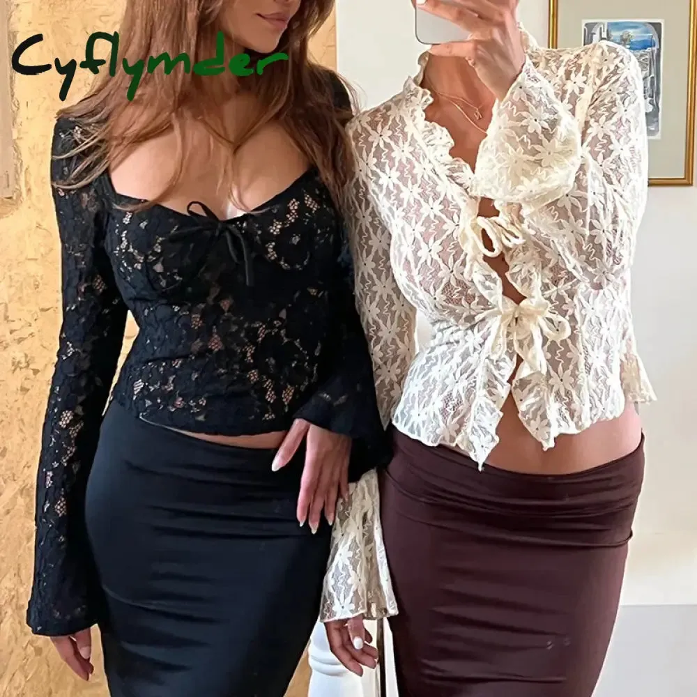 Cyflymder Floral Lace Sheer Crop Tops French Square Collar Long Sleeve Tees Chic Women Vintage Tie Up T-shirt Fairy Y2K Aesthetic Tops