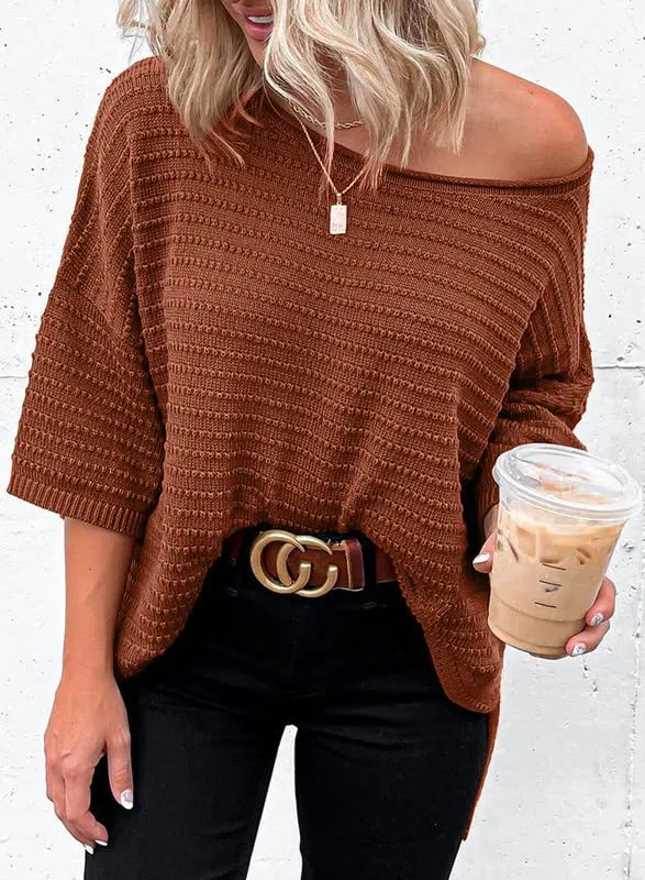 Dokotoo Womens Fashion Juniors Fall Summer Shirts and Blouses for Women 2024 Pullover Sweaters T-Shirts Off Shoulder 3/4 Sleeve Tunic Tops Loose Tee Shirts Brown Medium