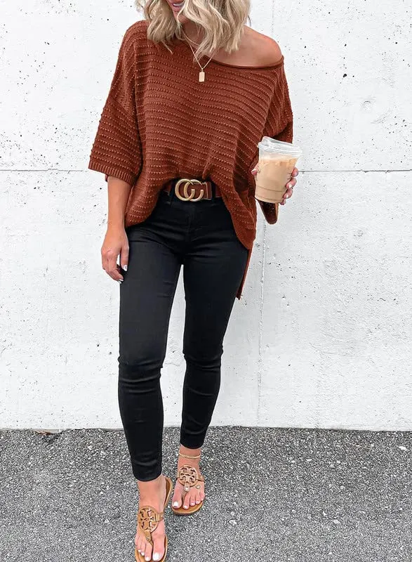 Dokotoo Womens Fashion Juniors Fall Summer Shirts and Blouses for Women 2024 Pullover Sweaters T-Shirts Off Shoulder 3/4 Sleeve Tunic Tops Loose Tee Shirts Brown Medium