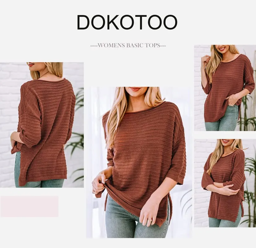 Dokotoo Womens Fashion Juniors Fall Summer Shirts and Blouses for Women 2024 Pullover Sweaters T-Shirts Off Shoulder 3/4 Sleeve Tunic Tops Loose Tee Shirts Brown Medium
