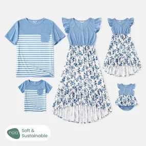 Family Matching Floral Print High Low Hem Flutter-sleeve Spliced Naia? Dresses and Short-sleeve Striped T-shirts Sets