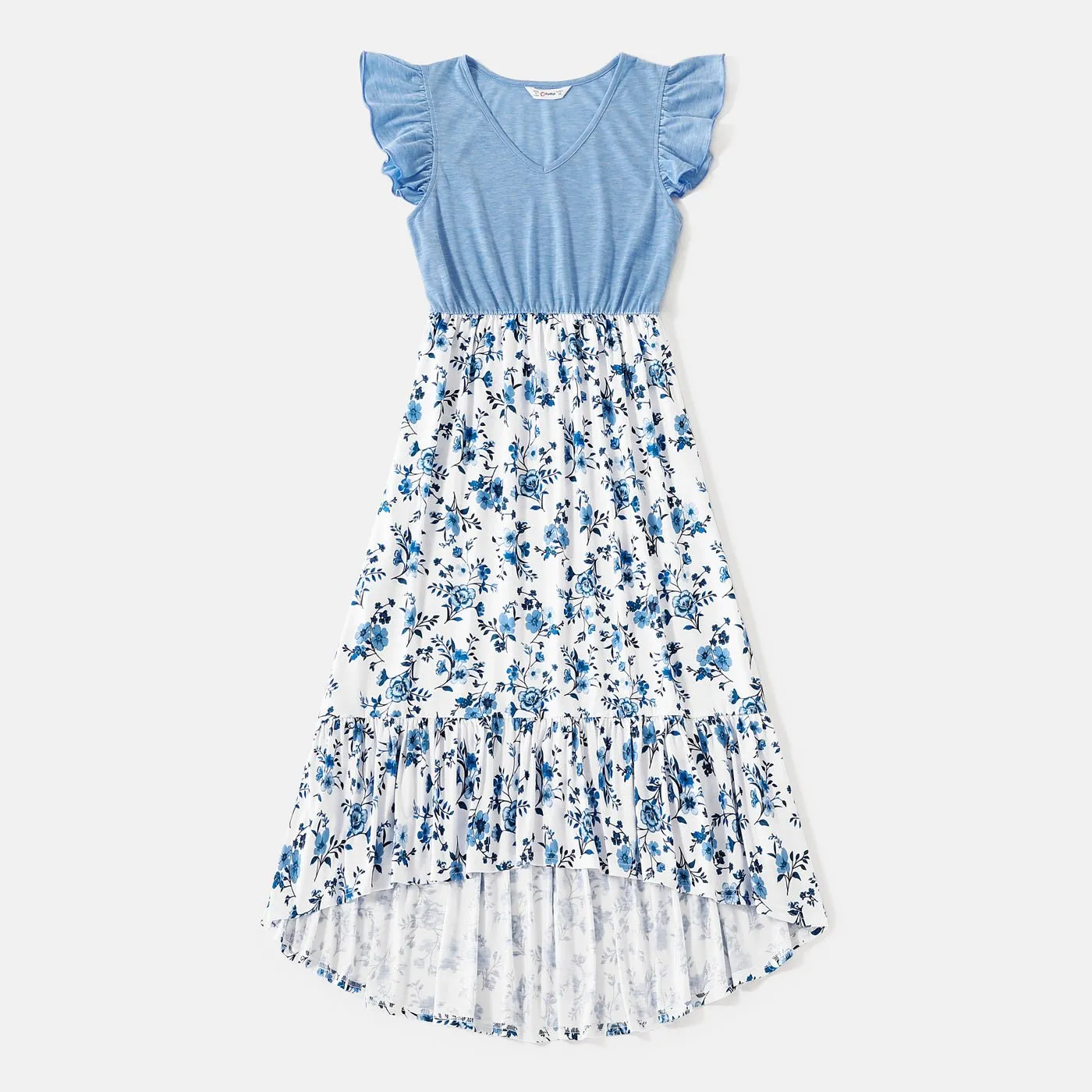 Family Matching Floral Print High Low Hem Flutter-sleeve Spliced Naia? Dresses and Short-sleeve Striped T-shirts Sets