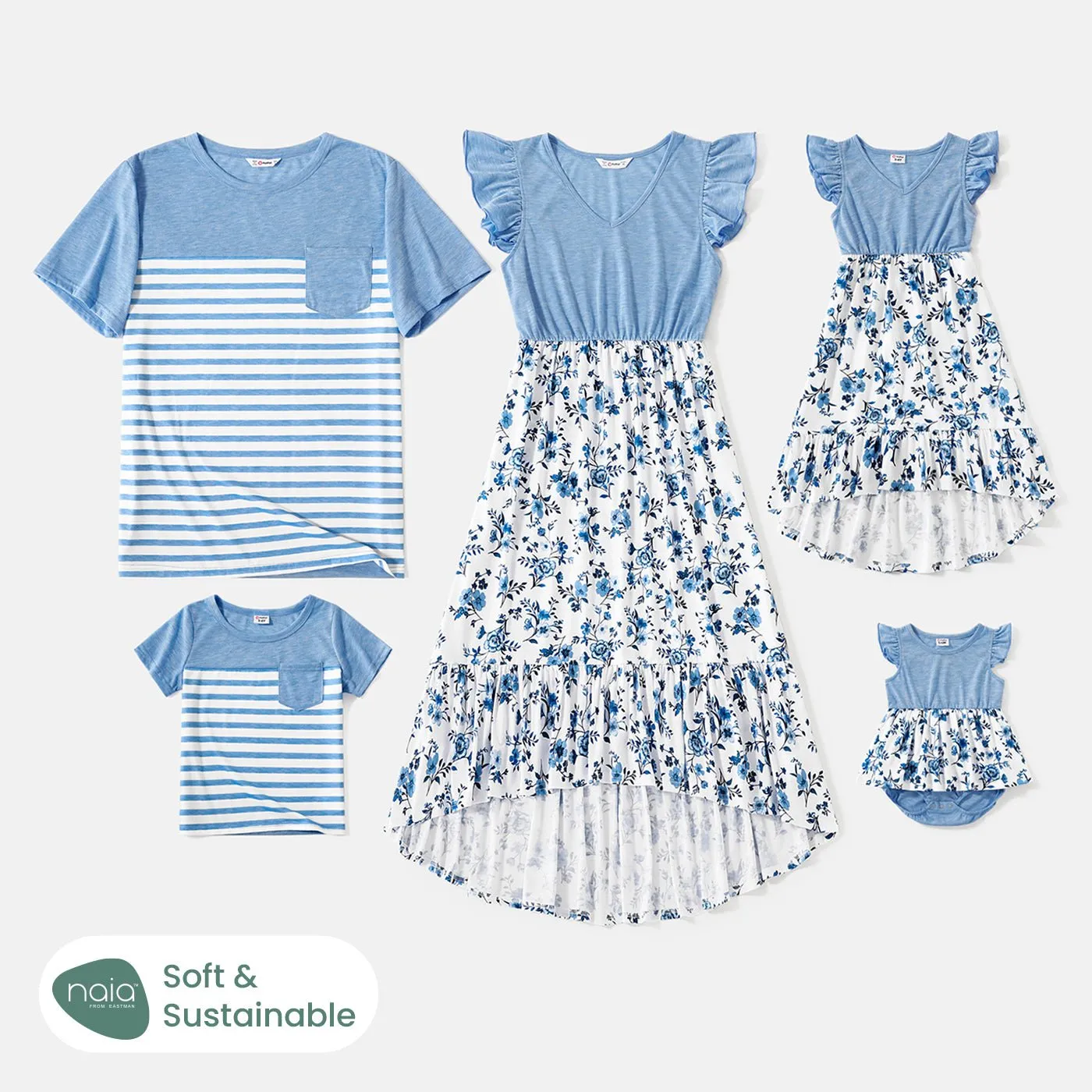 Family Matching Floral Print High Low Hem Flutter-sleeve Spliced Naia? Dresses and Short-sleeve Striped T-shirts Sets