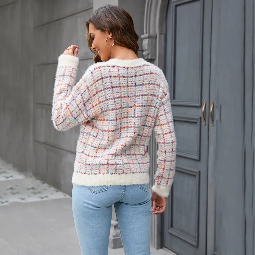 Fashion Color Block Plaid Long Sleeve Crew Neck Sweater Wholesale Womens Tops