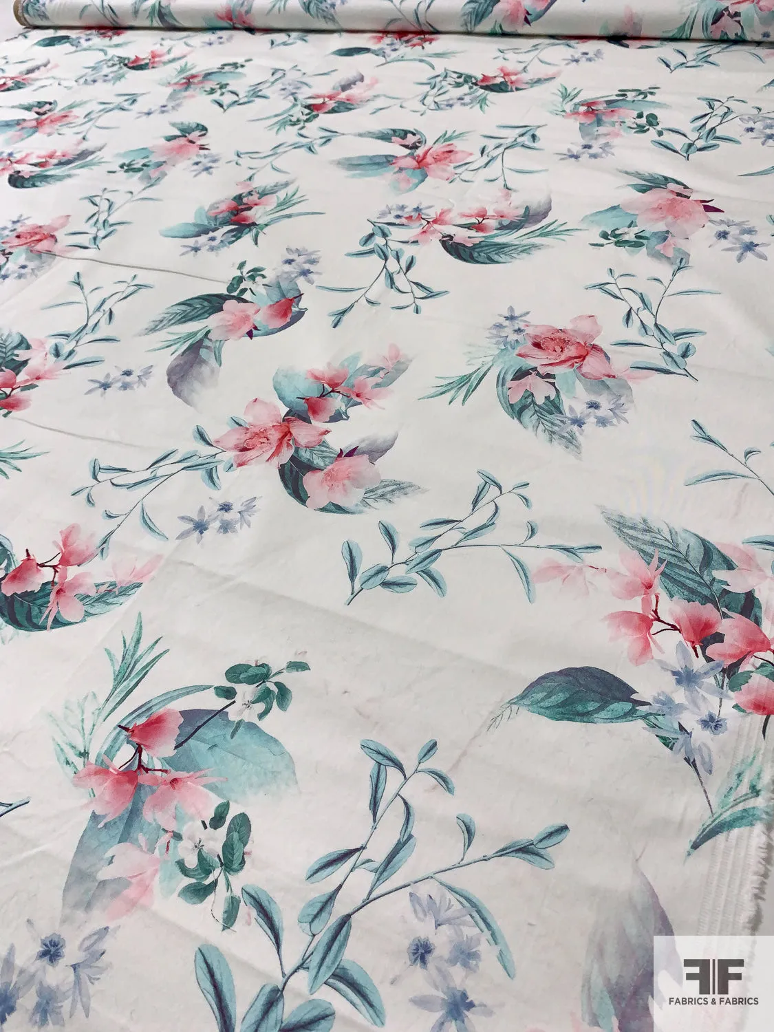 Feminine Floral Printed Stretch Fine Cotton Twill - Aqua / Pinks / Soft Blue / Off-White