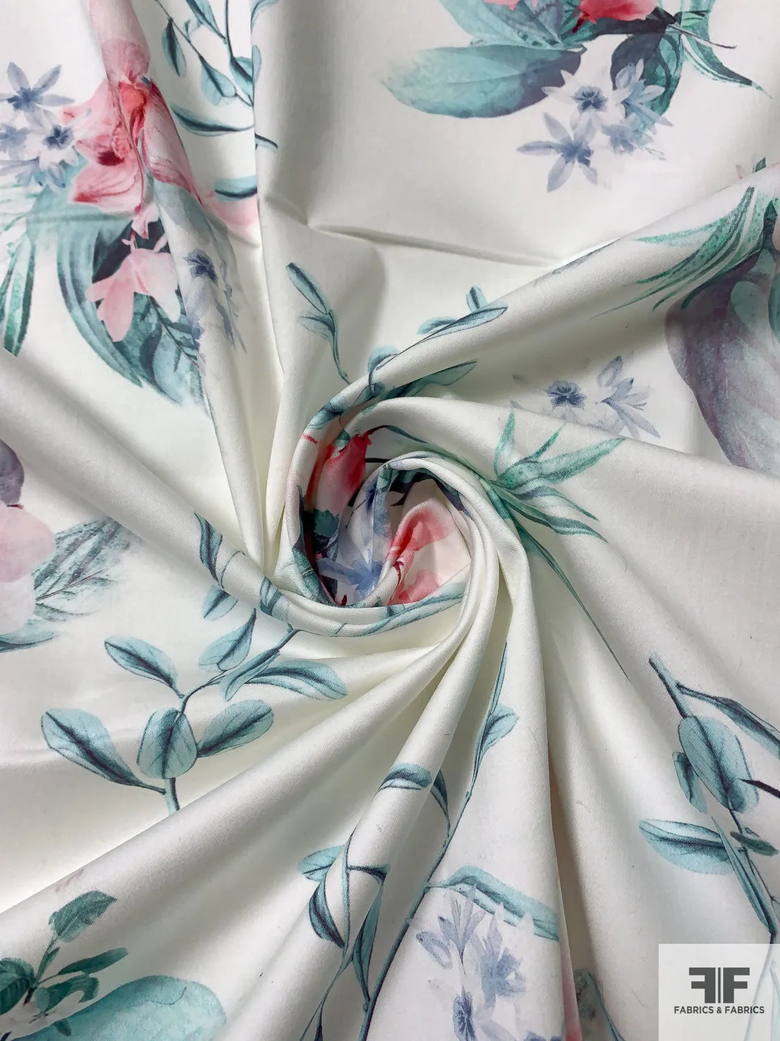 Feminine Floral Printed Stretch Fine Cotton Twill - Aqua / Pinks / Soft Blue / Off-White