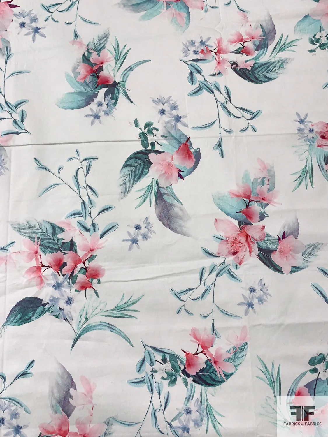 Feminine Floral Printed Stretch Fine Cotton Twill - Aqua / Pinks / Soft Blue / Off-White