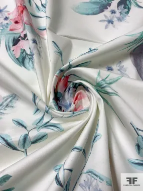 Feminine Floral Printed Stretch Fine Cotton Twill - Aqua / Pinks / Soft Blue / Off-White