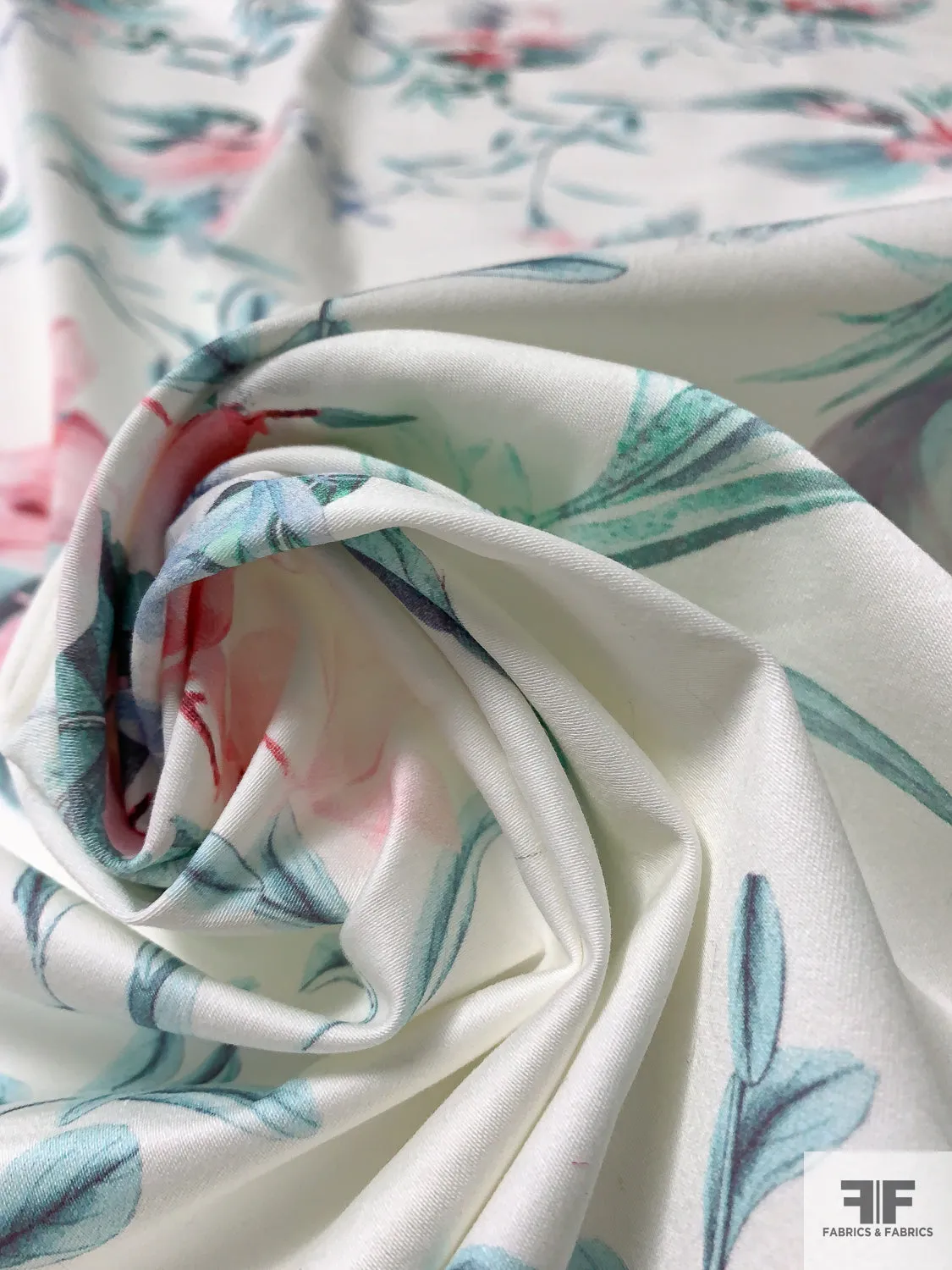 Feminine Floral Printed Stretch Fine Cotton Twill - Aqua / Pinks / Soft Blue / Off-White