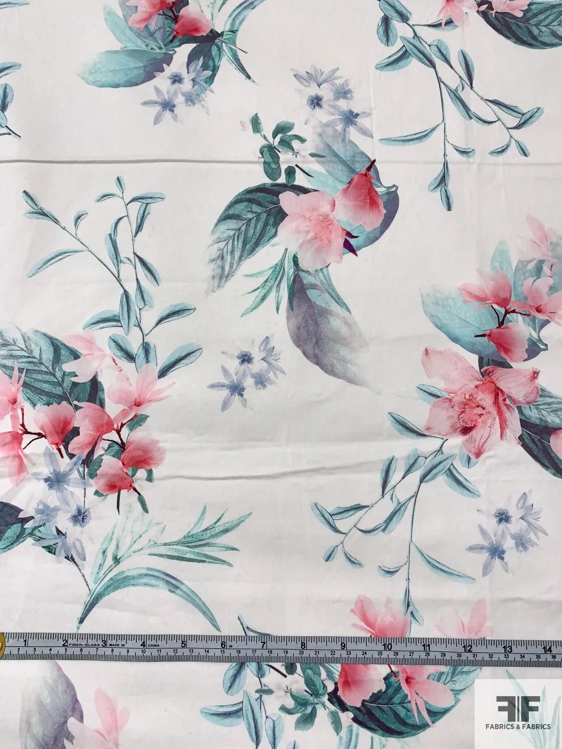 Feminine Floral Printed Stretch Fine Cotton Twill - Aqua / Pinks / Soft Blue / Off-White