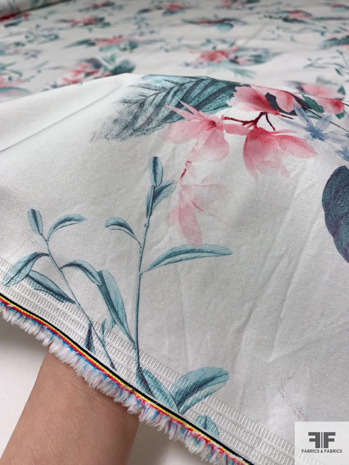 Feminine Floral Printed Stretch Fine Cotton Twill - Aqua / Pinks / Soft Blue / Off-White