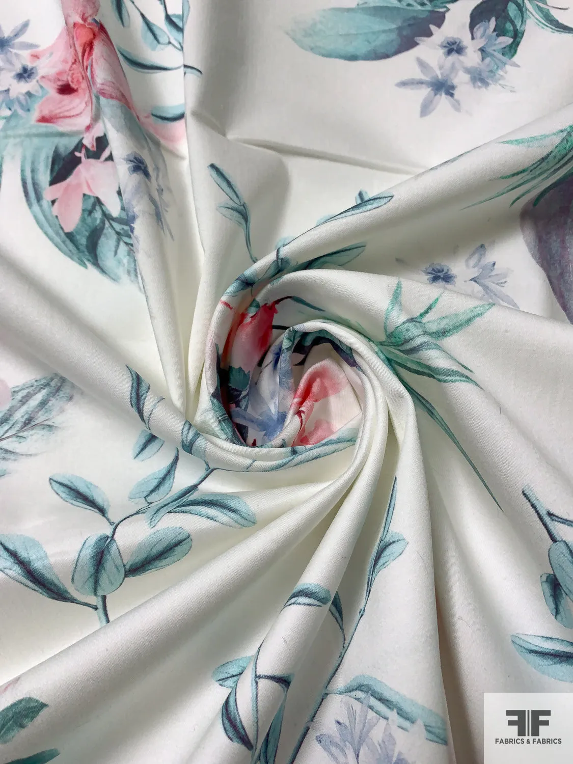 Feminine Floral Printed Stretch Fine Cotton Twill - Aqua / Pinks / Soft Blue / Off-White