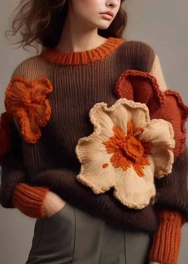 Floral Brown O Neck  Cotton Knit Sweaters Long Sleeve ML3289