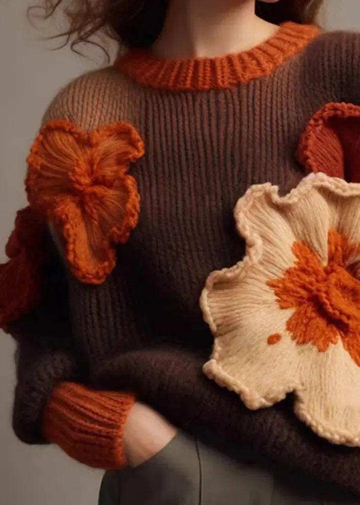 Floral Brown O Neck  Cotton Knit Sweaters Long Sleeve ML3289