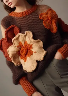 Floral Brown O Neck  Cotton Knit Sweaters Long Sleeve ML3289
