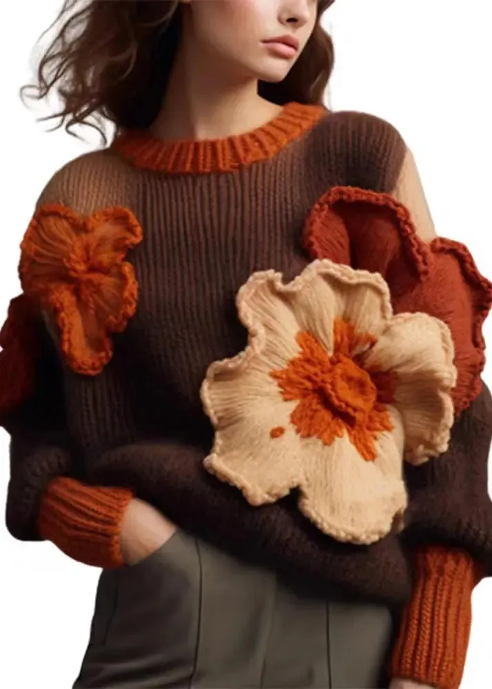 Floral Brown O Neck  Cotton Knit Sweaters Long Sleeve ML3289