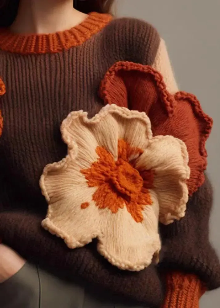 Floral Brown O Neck  Cotton Knit Sweaters Long Sleeve ML3289