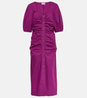 Ganni Ruched cotton poplin midi dress