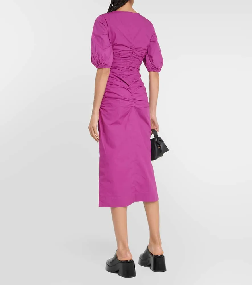 Ganni Ruched cotton poplin midi dress