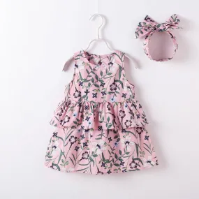 Girls' Floral Print Dress & Hair Rope