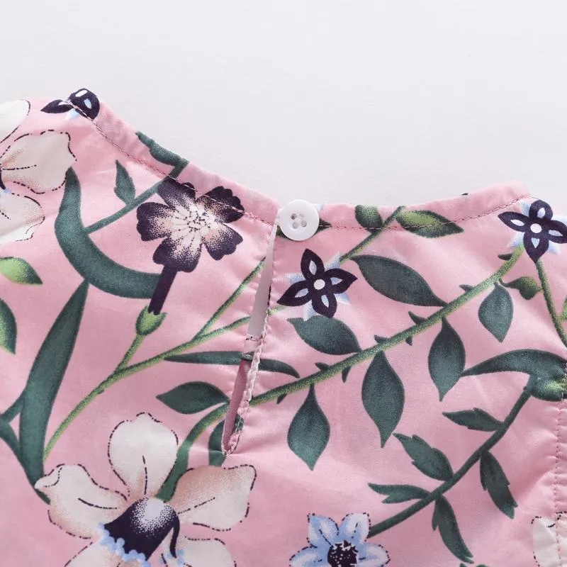 Girls' Floral Print Dress & Hair Rope