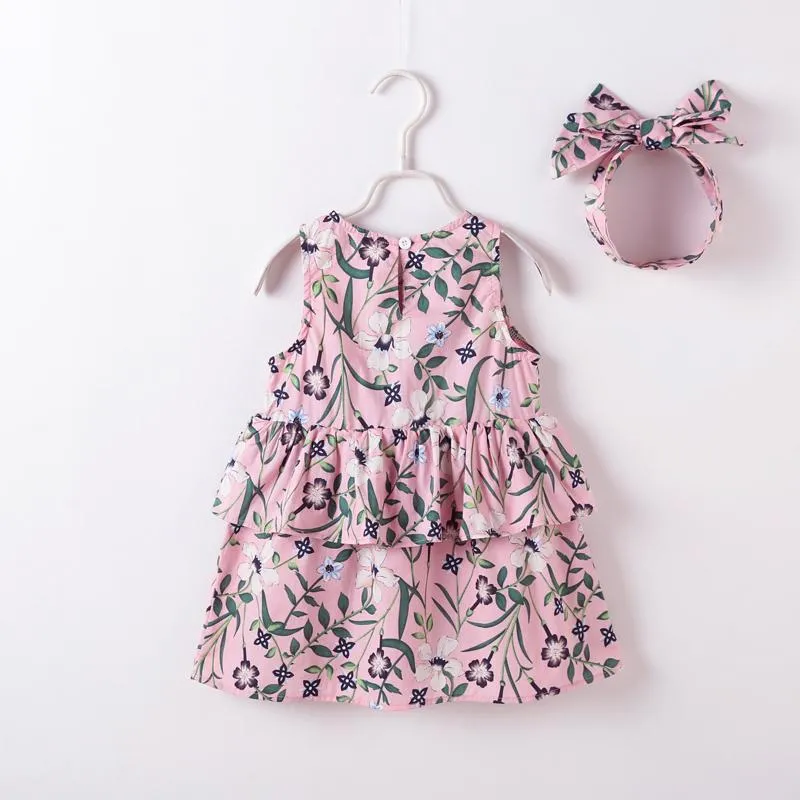 Girls' Floral Print Dress & Hair Rope