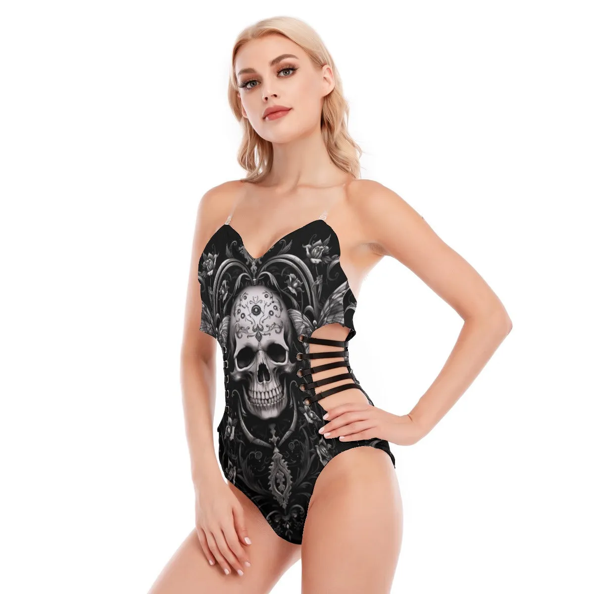 Goth Skull Tube Top Bodysuit With Side Black Straps