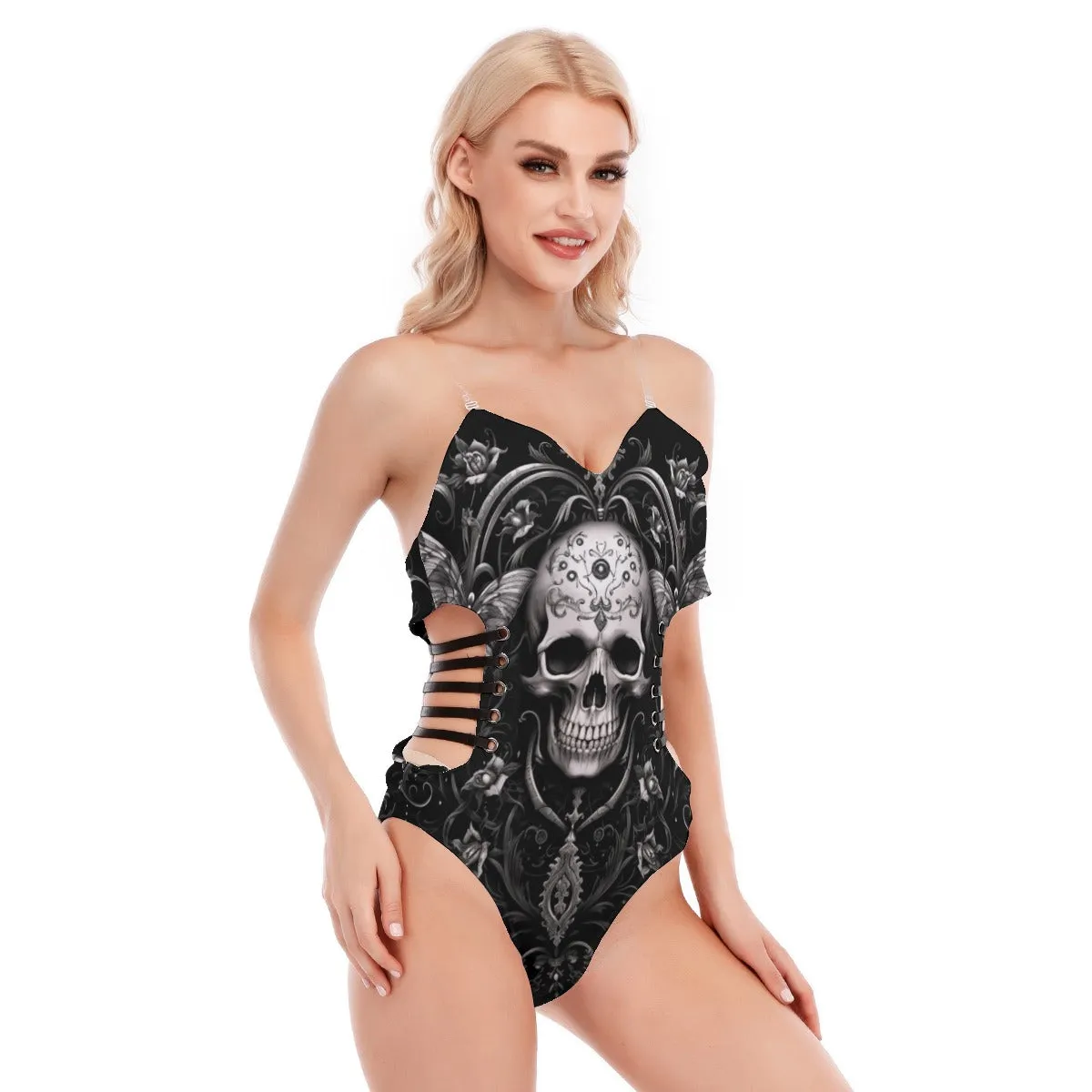 Goth Skull Tube Top Bodysuit With Side Black Straps