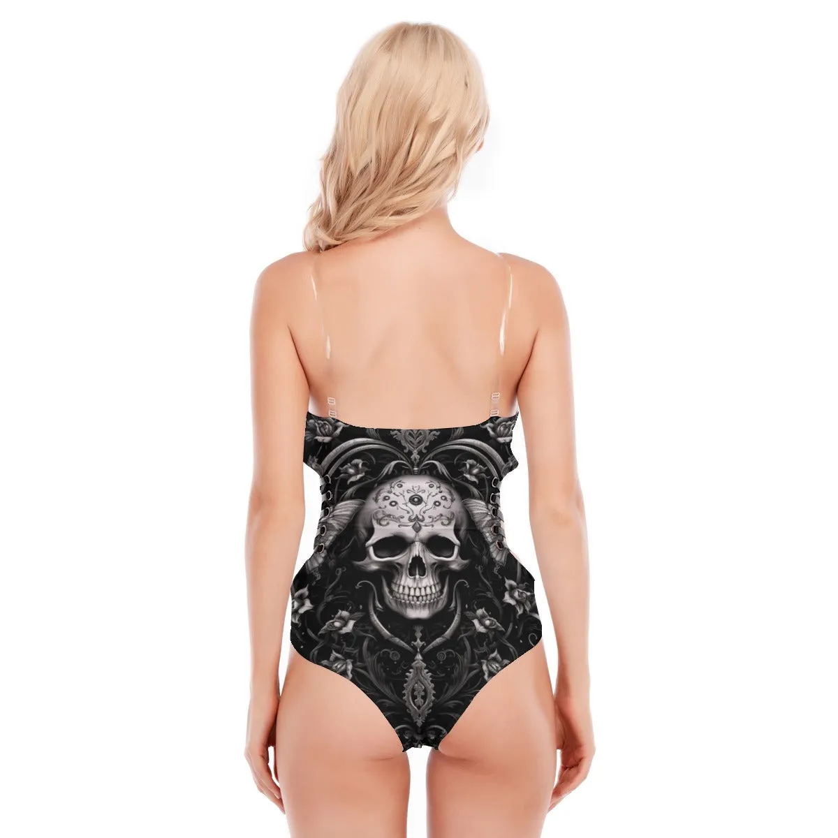 Goth Skull Tube Top Bodysuit With Side Black Straps