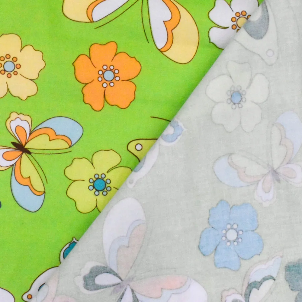 Green-Multi Floral Butterfly Print Stretch Cotton Poplin Fabric
