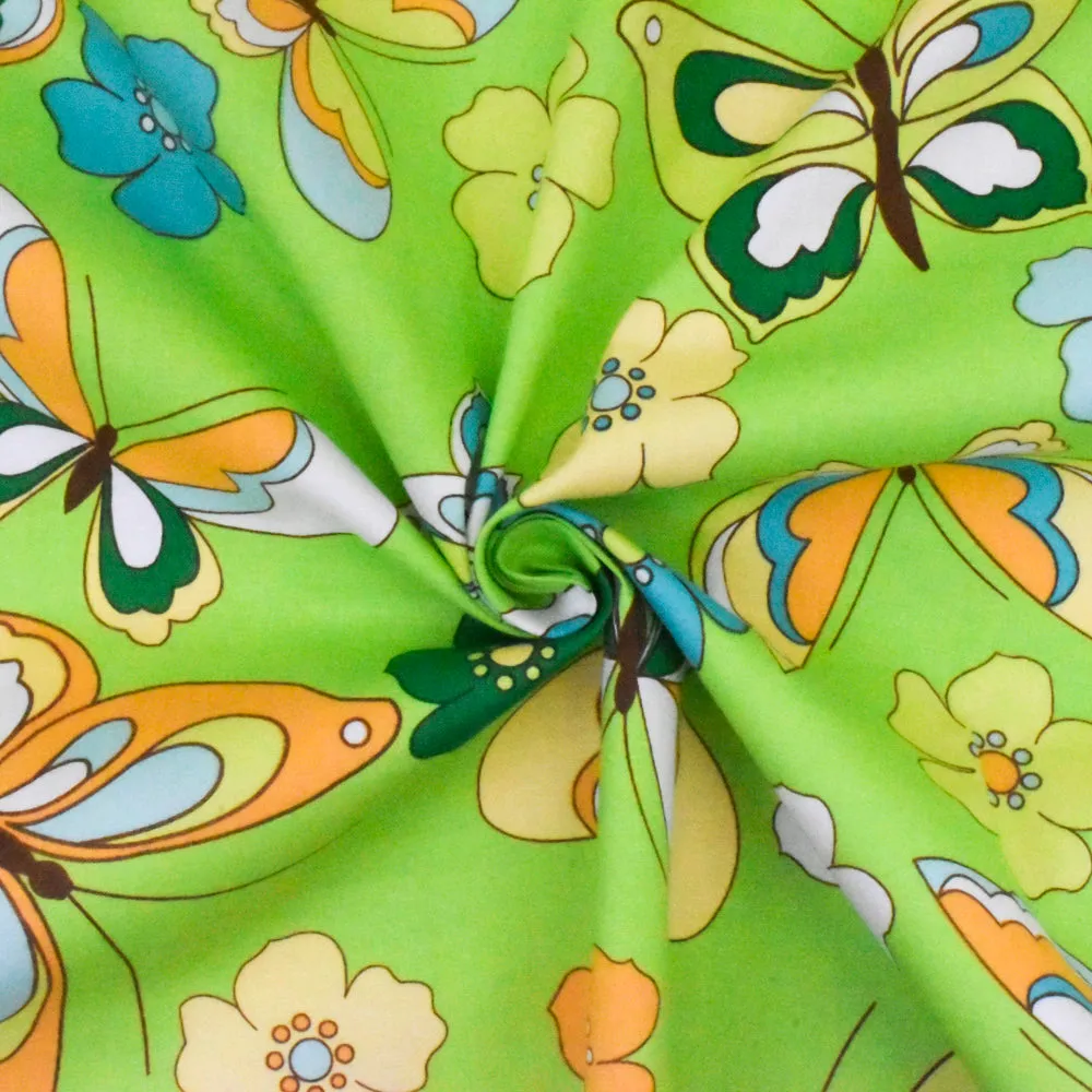 Green-Multi Floral Butterfly Print Stretch Cotton Poplin Fabric